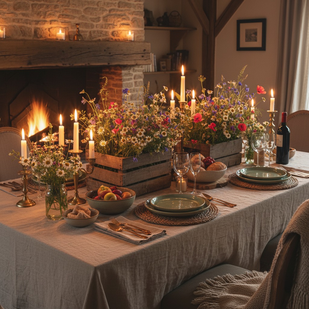 gedeckte Tafel, rustikal aber chic, viele kerzen, blumendeko von der Wiese, kerzen, tolle stimmung